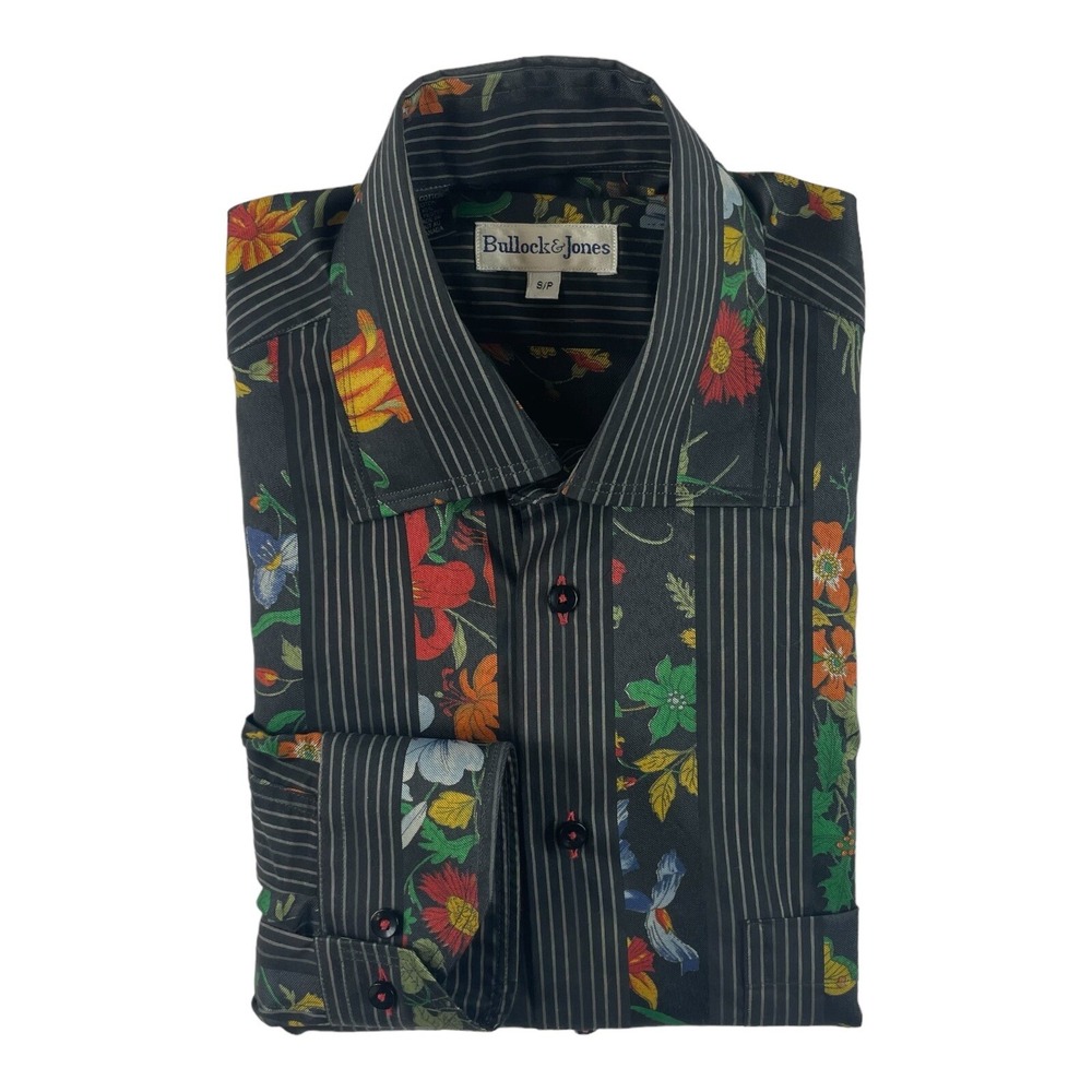 Bullock & Jones Mens Black Floral Stripe Button Front Shirt Small Long Sleeve